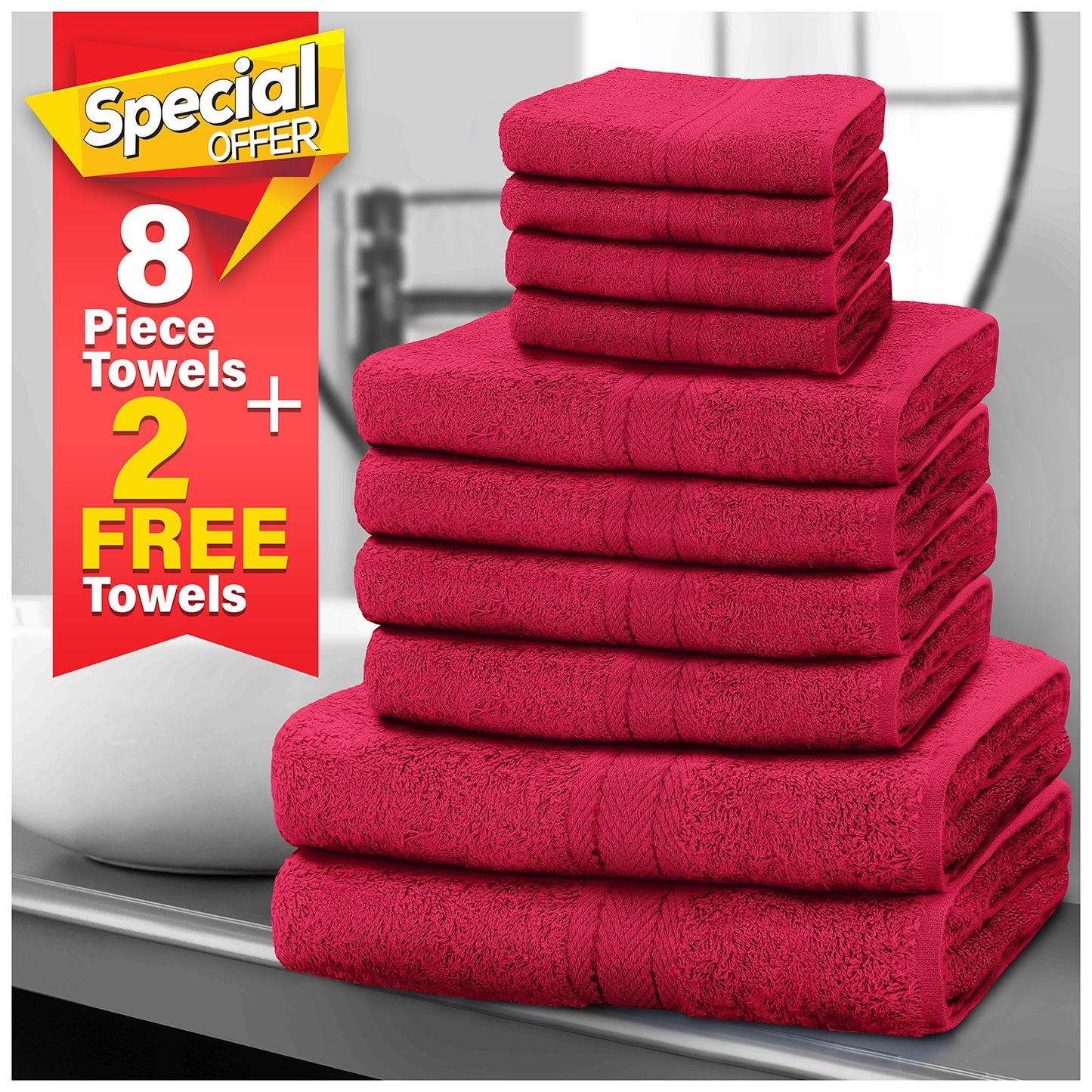 10pcscEgyptian Cotton Towel Set | Quick-Drying & Highly Absorbent | Includes 4 Face, 2 Hand, 2 Bath Towels | Sophisticated Boston Design | 15 Elegant Colours | Machine Washable