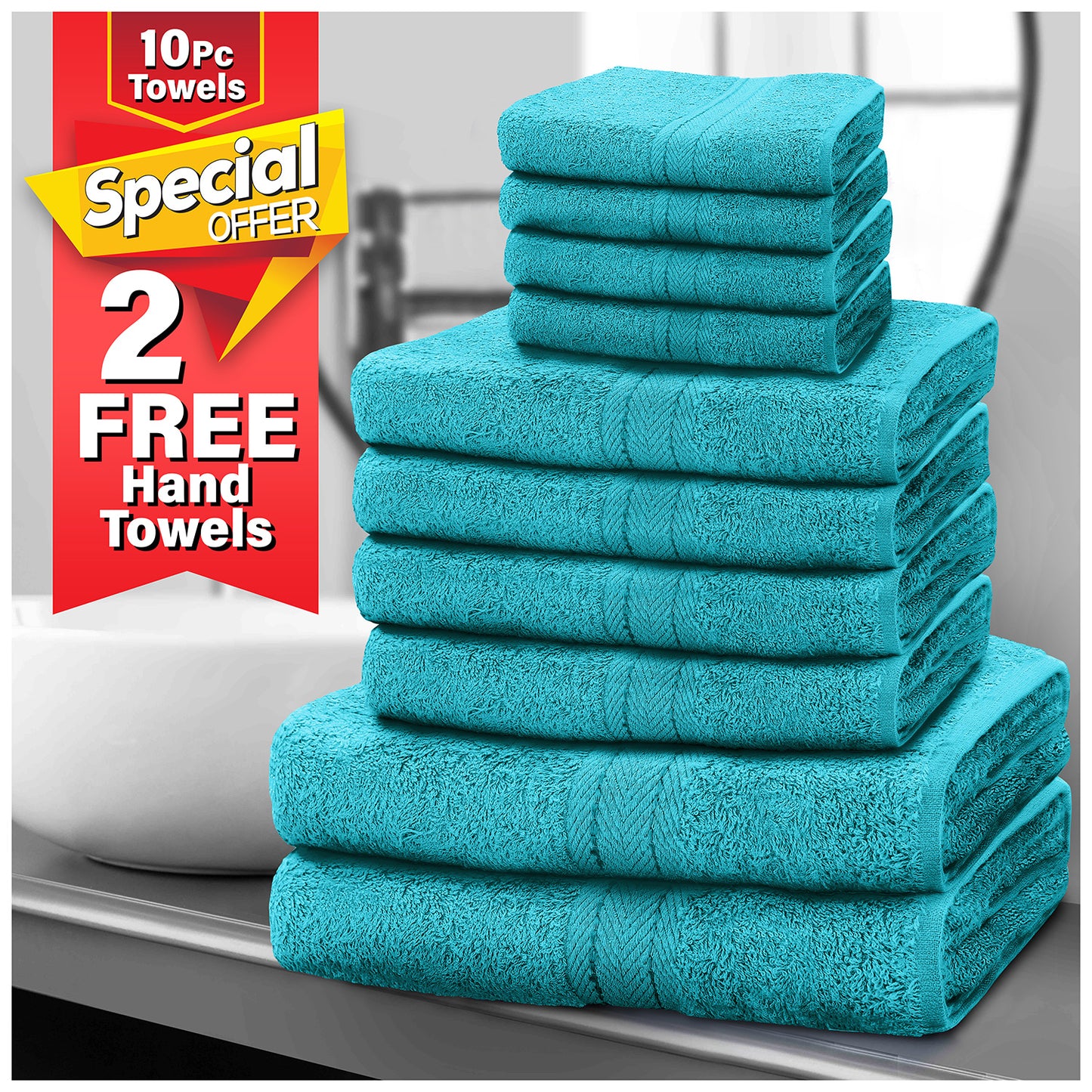 10pcscEgyptian Cotton Towel Set | Quick-Drying & Highly Absorbent | Includes 4 Face, 2 Hand, 2 Bath Towels | Sophisticated Boston Design | 15 Elegant Colours | Machine Washable