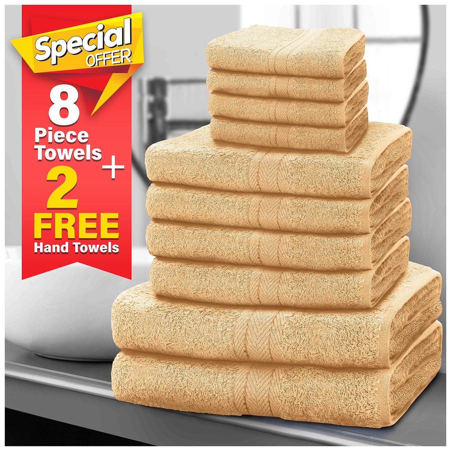 10pcscEgyptian Cotton Towel Set | Quick-Drying & Highly Absorbent | Includes 4 Face, 2 Hand, 2 Bath Towels | Sophisticated Boston Design | 15 Elegant Colours | Machine Washable