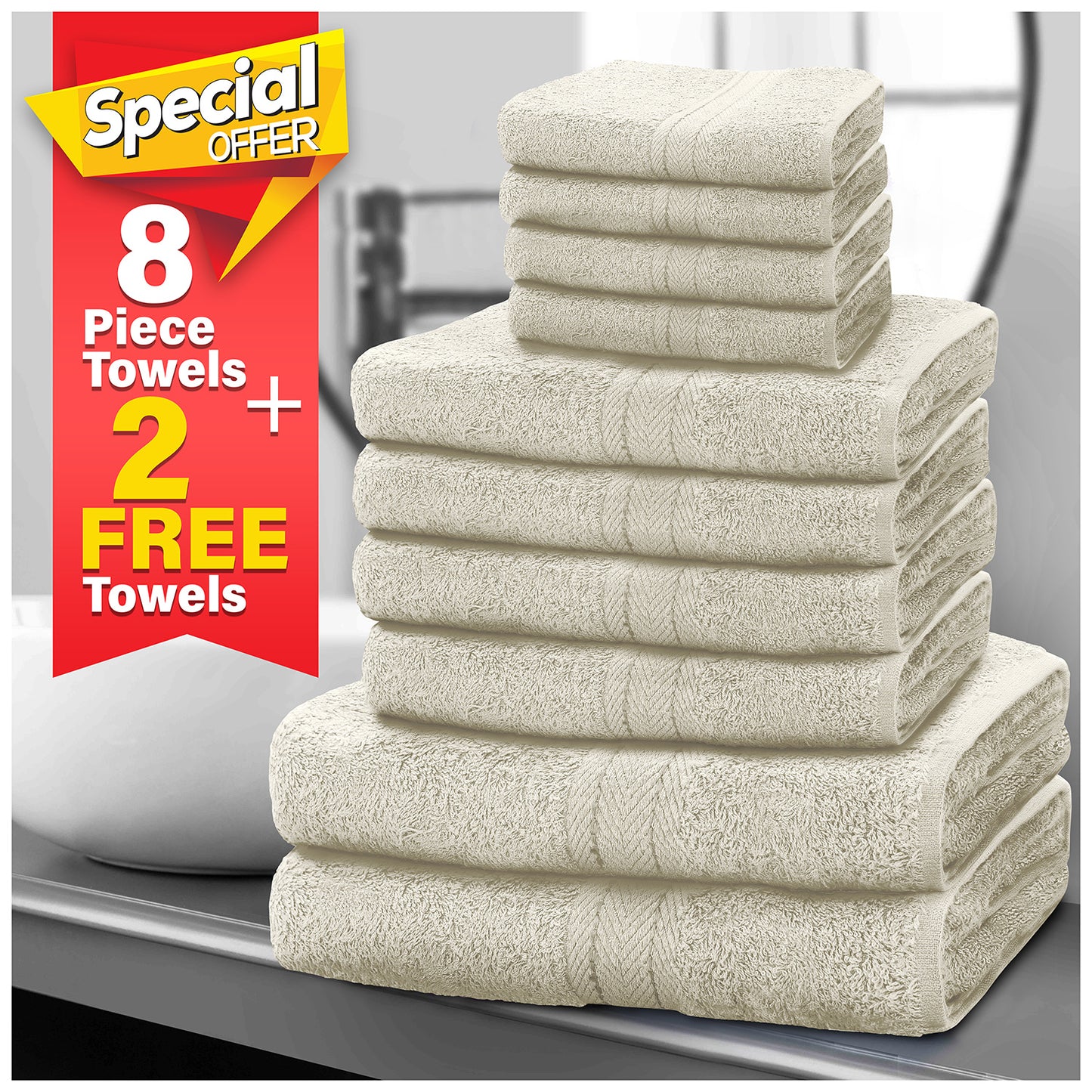 10pcscEgyptian Cotton Towel Set | Quick-Drying & Highly Absorbent | Includes 4 Face, 2 Hand, 2 Bath Towels | Sophisticated Boston Design | 15 Elegant Colours | Machine Washable