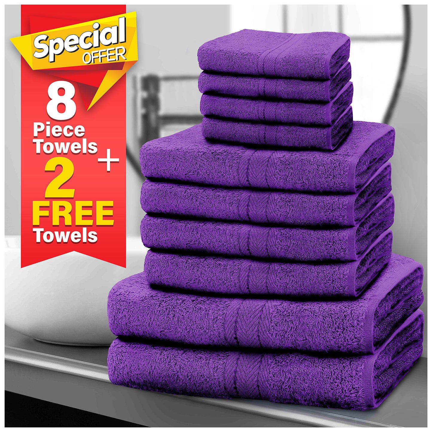 10pcscEgyptian Cotton Towel Set | Quick-Drying & Highly Absorbent | Includes 4 Face, 2 Hand, 2 Bath Towels | Sophisticated Boston Design | 15 Elegant Colours | Machine Washable